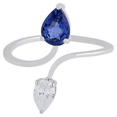 Pear Blue Sapphire Gemstone Fine Wrap Cuff Ring Pear Diamond 18 Karat White Gold