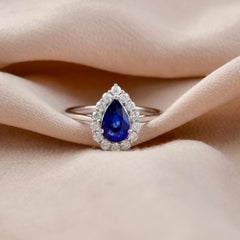 Handmade Pear 2.3ct Blue Sapphire & Natural Diamond Halo Ring 14K Gold