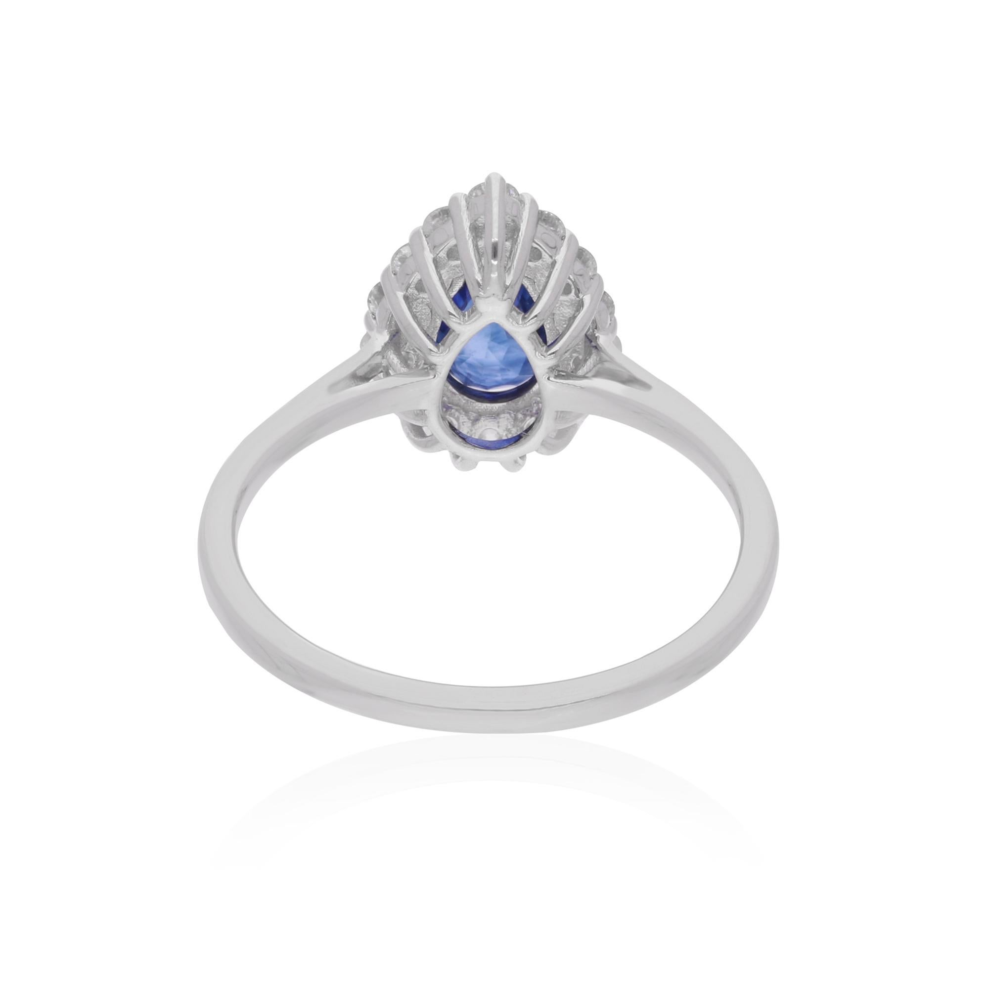 Modern Pear Blue Sapphire Gemstone Ring Diamond 18 Karat White Gold Handmade Jewelry For Sale