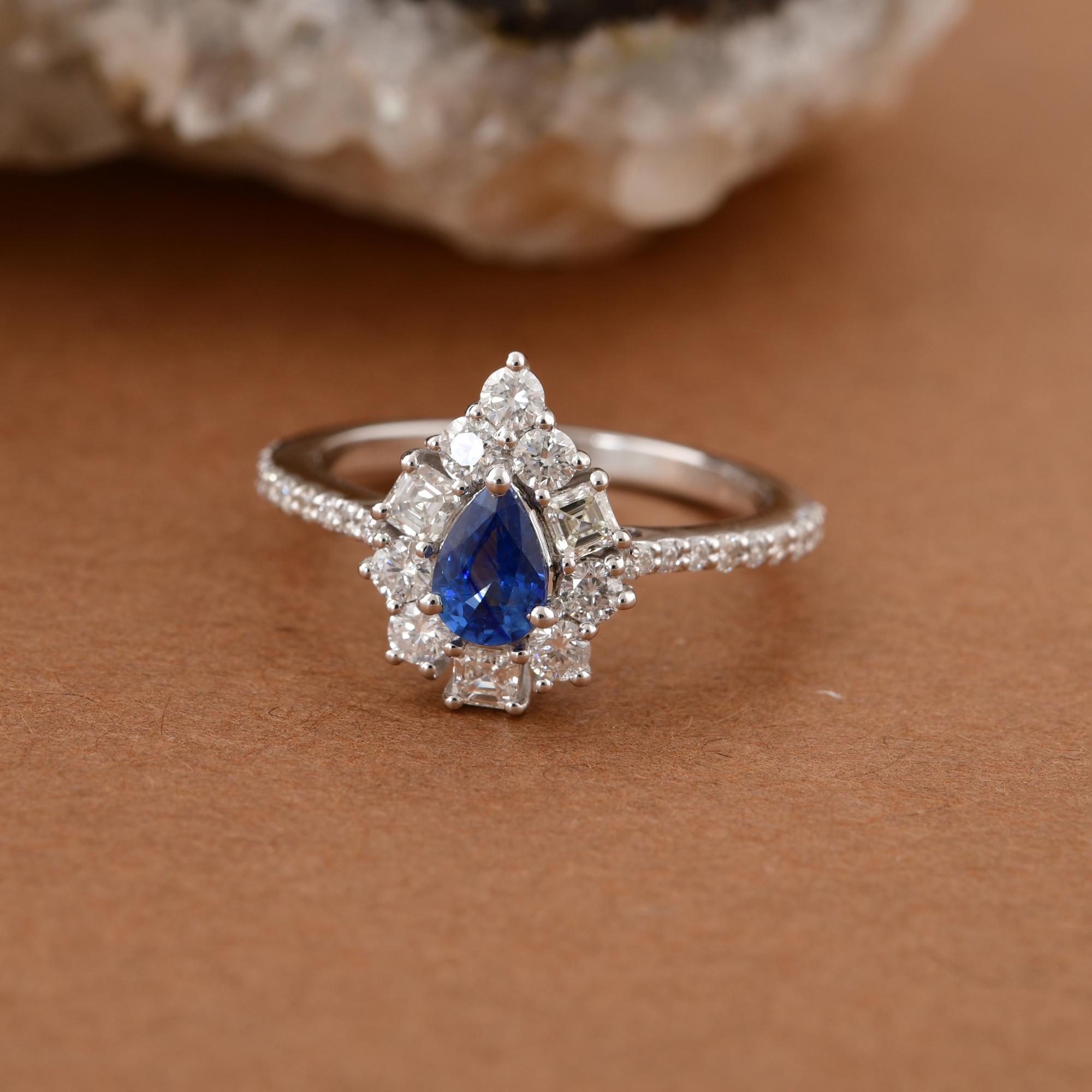 Modern Pear Blue Sapphire Gemstone Ring Diamond 18 Karat White Gold Handmade Jewelry For Sale