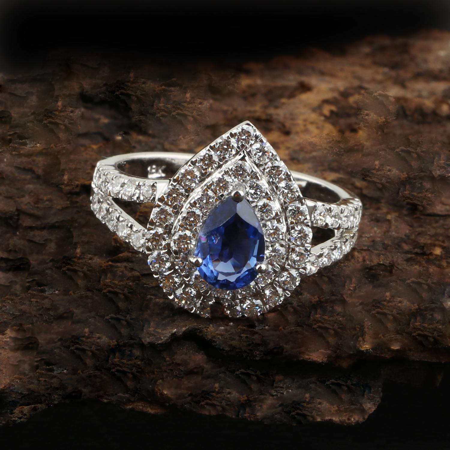 Pear Cut Pear Blue Sapphire Gemstone Ring Diamond 18 Karat White Gold Handmade Jewelry For Sale