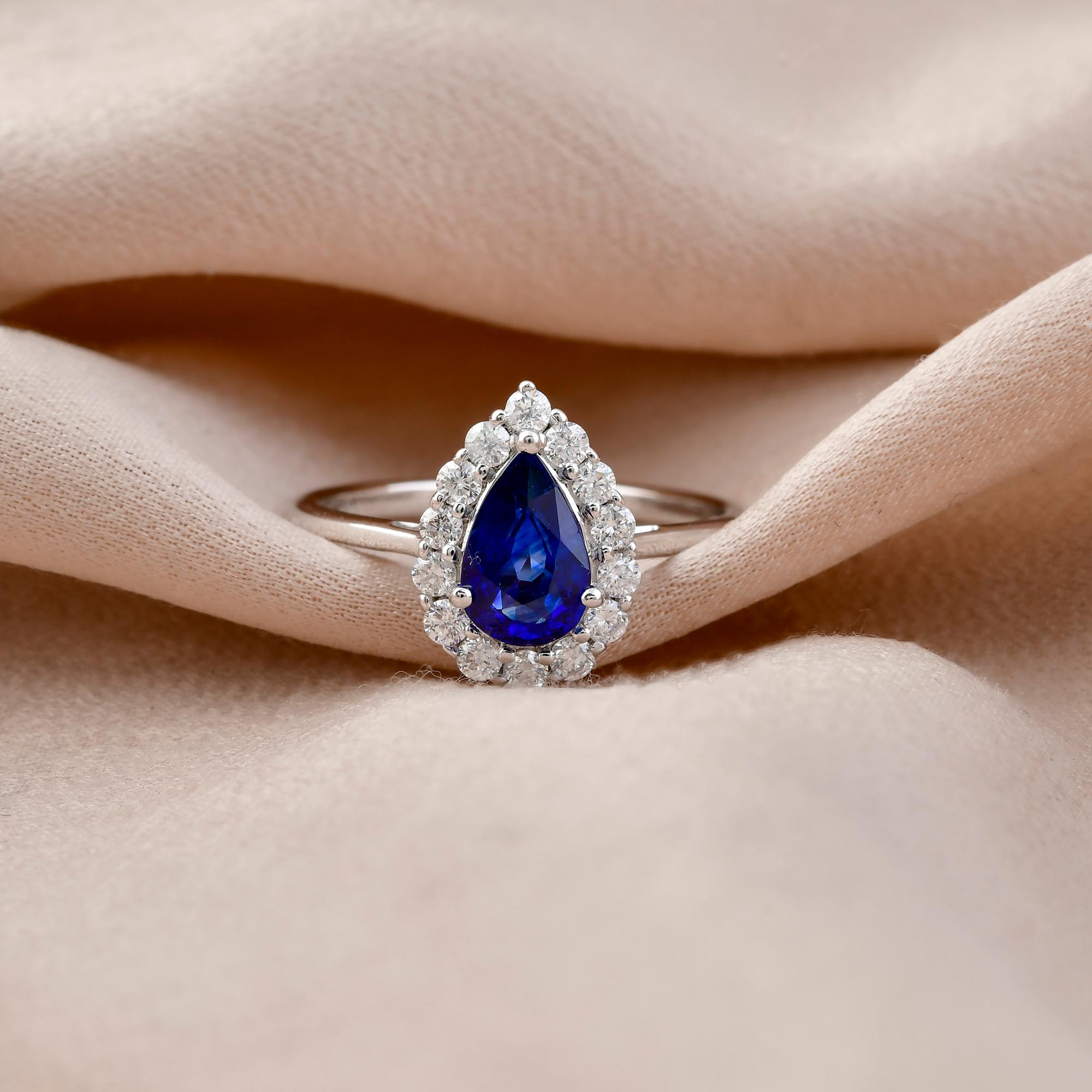 Pear Cut Pear Blue Sapphire Gemstone Ring Diamond 18 Karat White Gold Handmade Jewelry For Sale