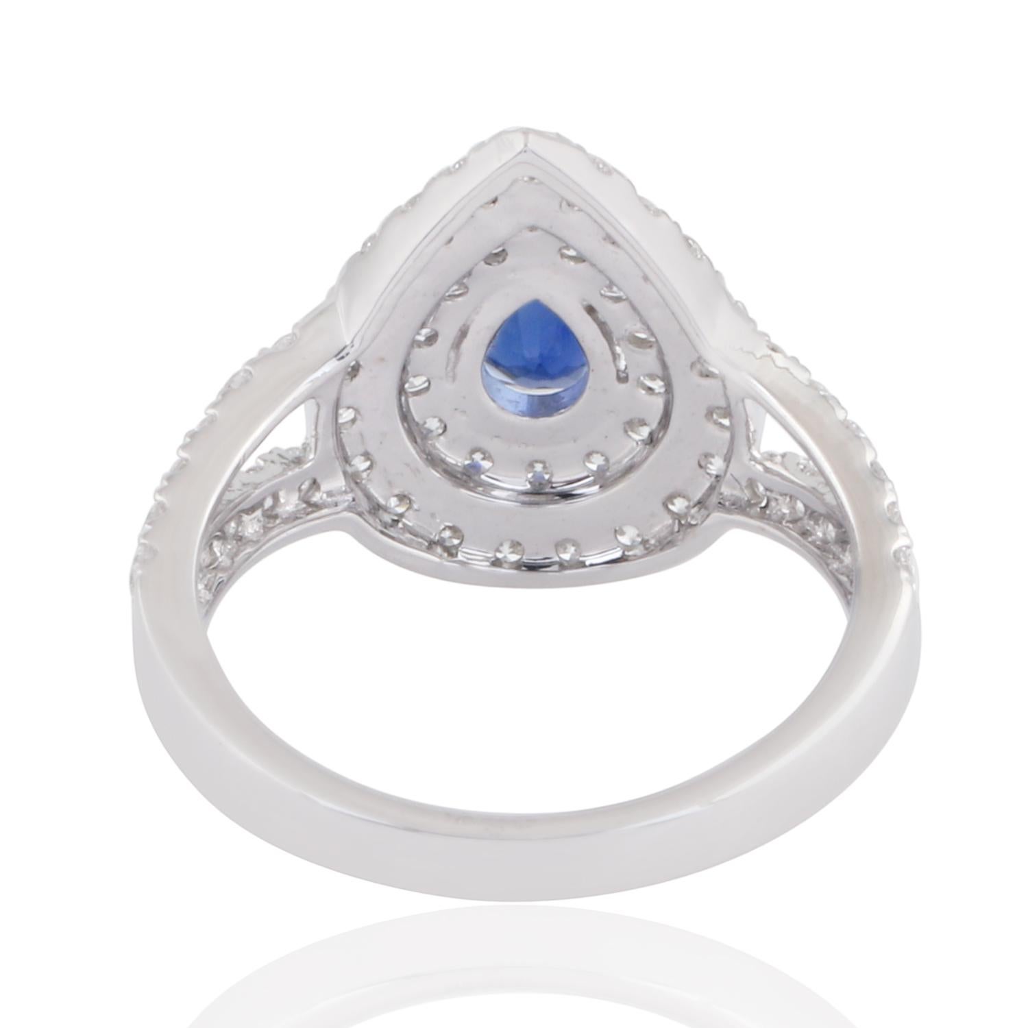 Women's Pear Blue Sapphire Gemstone Ring Diamond 18 Karat White Gold Handmade Jewelry For Sale