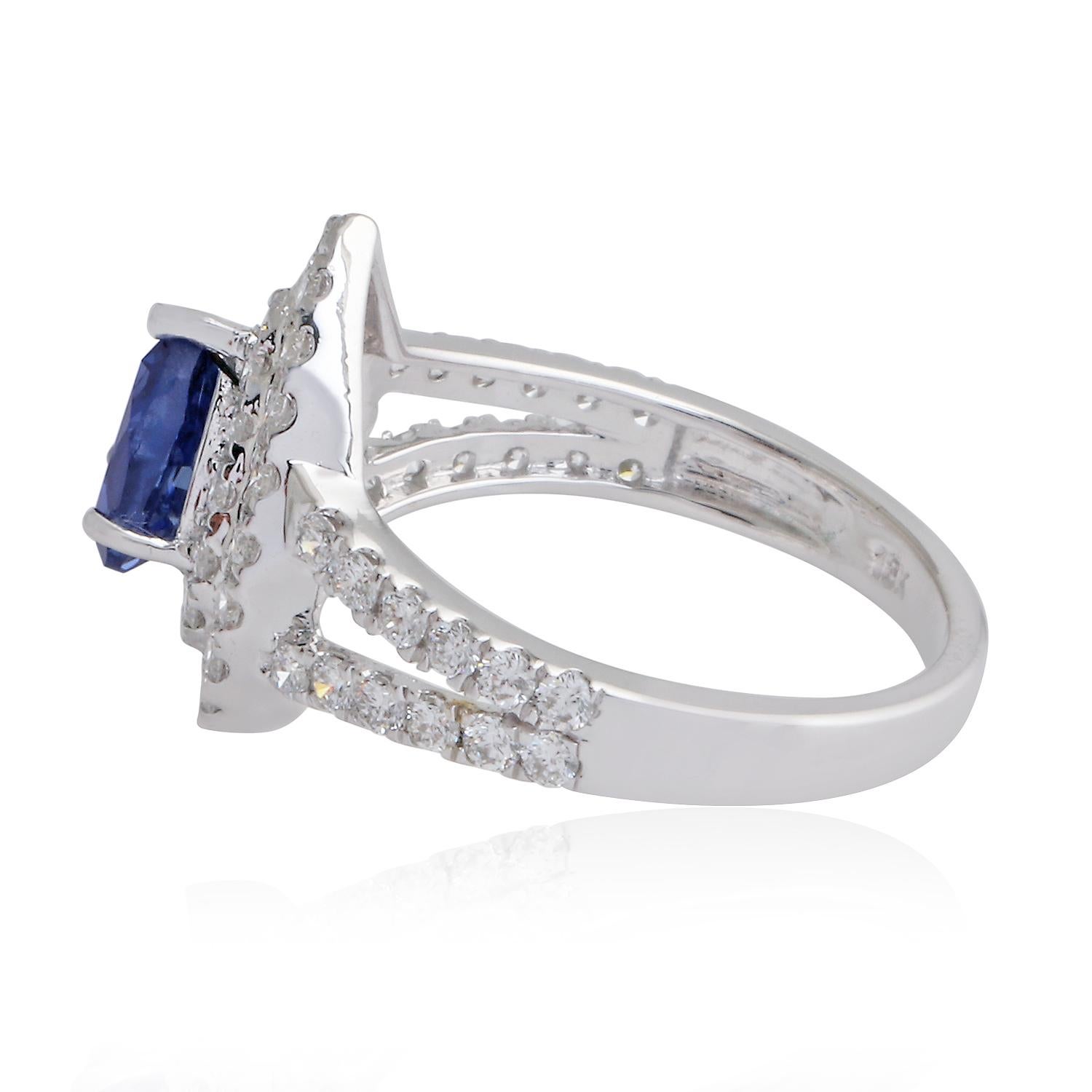 Pear Blue Sapphire Gemstone Ring Diamond 18 Karat White Gold Handmade Jewelry For Sale 1