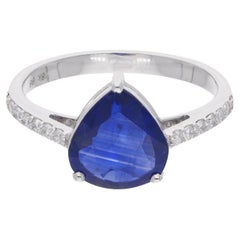 Anello con pietra preziosa zaffiro blu pera Diamante Oro bianco 18 carati Gioielli fatti a mano
