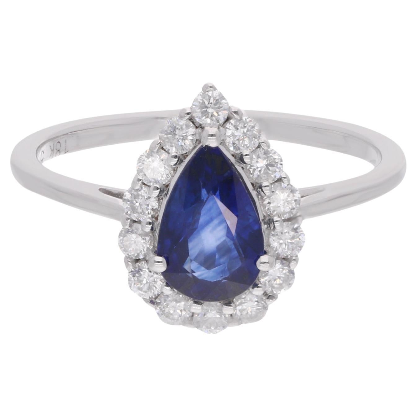Pear Blue Sapphire Gemstone Ring Diamond 18 Karat White Gold Handmade Jewelry