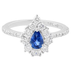 Bague faite main en or blanc 18 carats avec saphir bleu poire et diamants