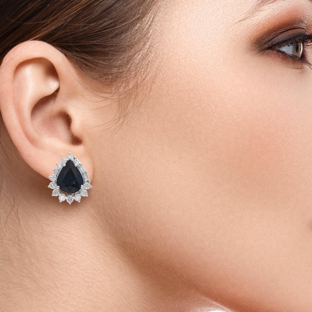 Women's Pear Blue Sapphire Gemstone Stud Earrings Diamond 14 Karat White Gold Jewelry For Sale