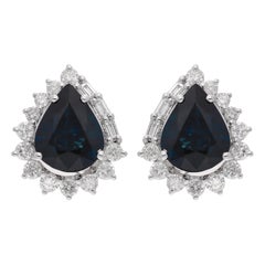 Pear Blue Sapphire Gemstone Stud Earrings Diamond 14 Karat White Gold Jewelry