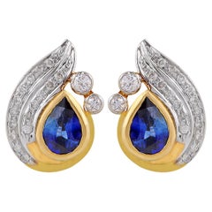 Pear Blue Sapphire Gemstone Stud Earrings Diamond 14 Karat Yellow Gold Jewelry