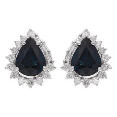 Clous d'oreilles en or blanc 18 carats avec saphir bleu poire et diamants