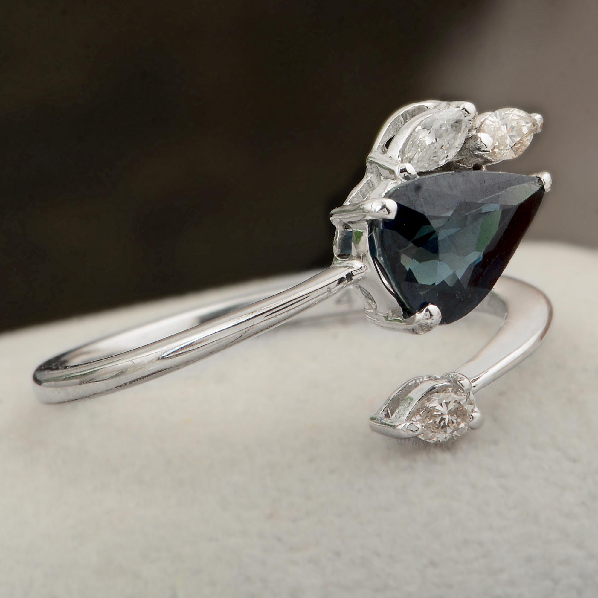 For Sale:  Pear Blue Sapphire Gemstone Wrap Ring Pear Marquise Diamond 10 Karat White Gold 4