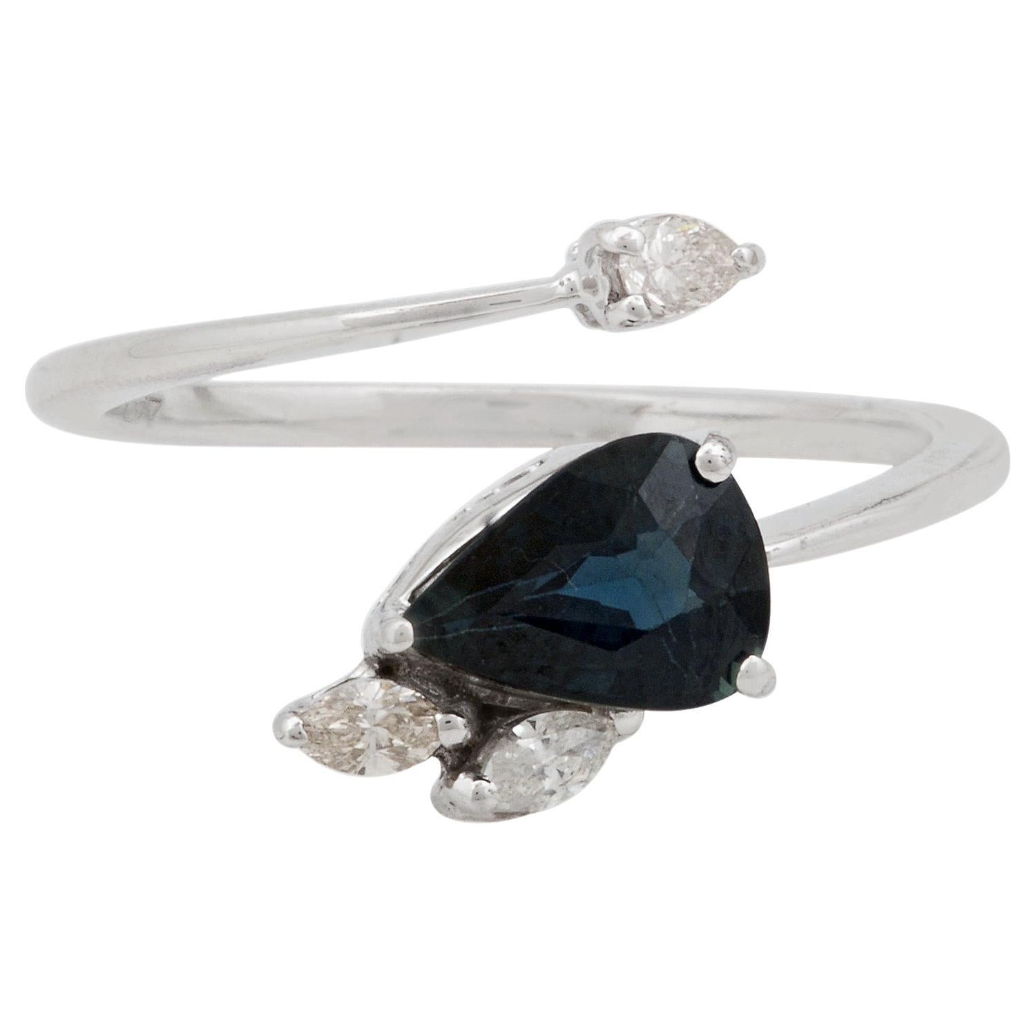 Pear Blue Sapphire Gemstone Wrap Ring Pear Marquise Diamond 10 Karat White Gold