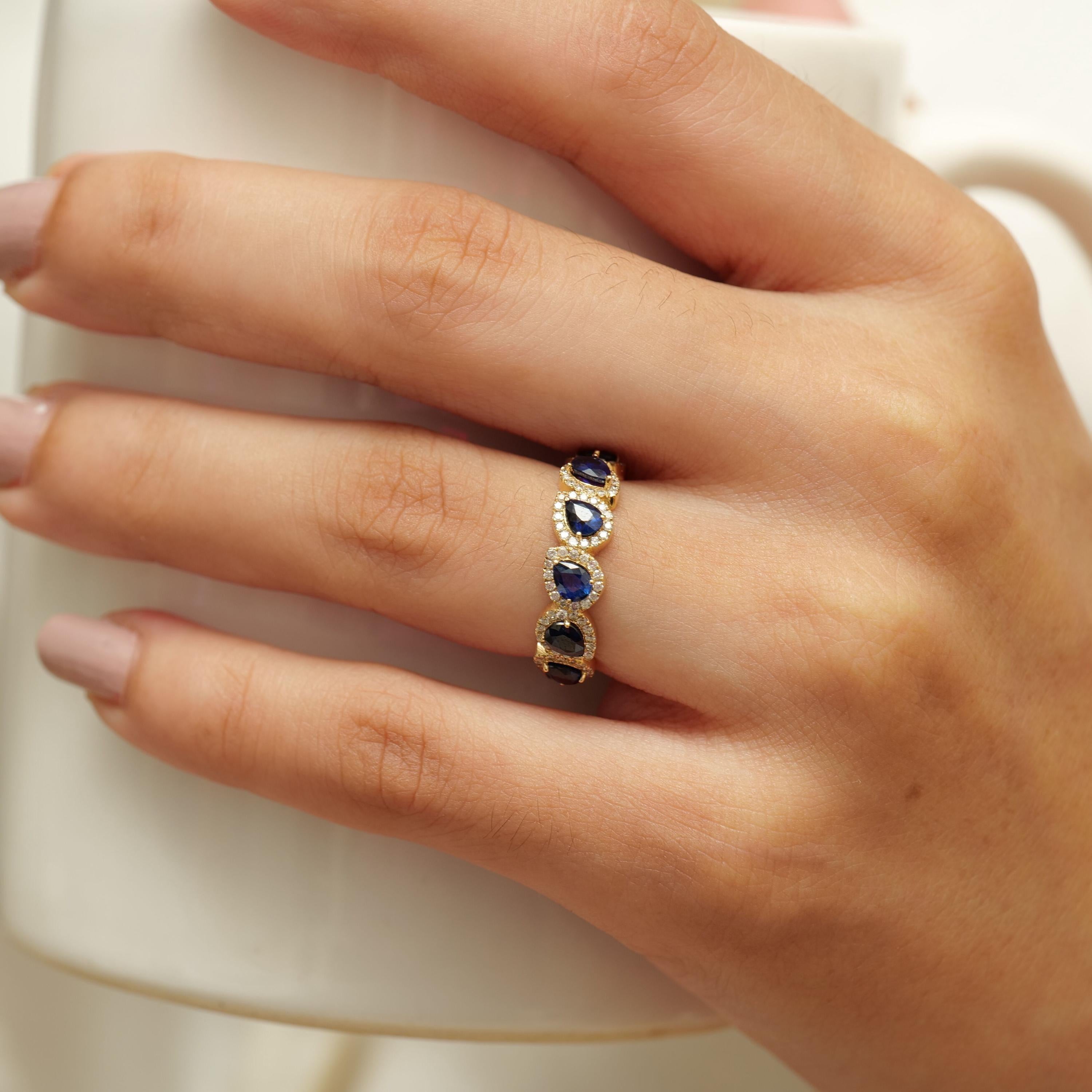 Art Deco Pear Blue Sapphire Halo Diamond Eternity Band Ring in 14k Solid Gold (Certified) For Sale