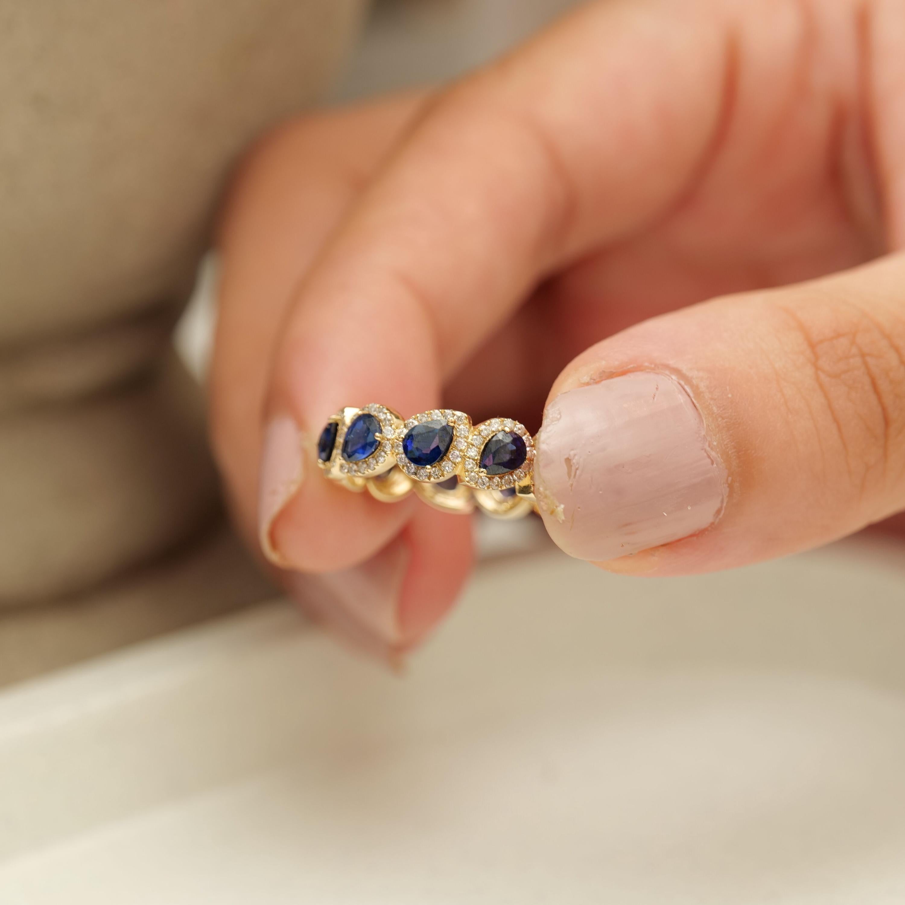 Pear Blue Sapphire Halo Diamond Eternity Band Ring in 14k Solid Gold (Certified) In New Condition For Sale In New Delhi, DL