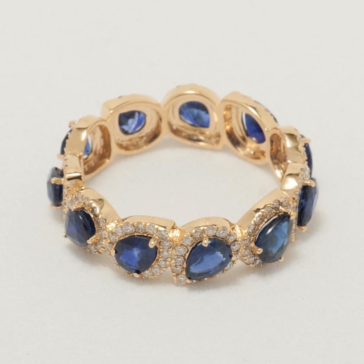 Women's Pear Blue Sapphire Halo Diamond Eternity Band Ring in 14k Solid Gold (Certified) For Sale