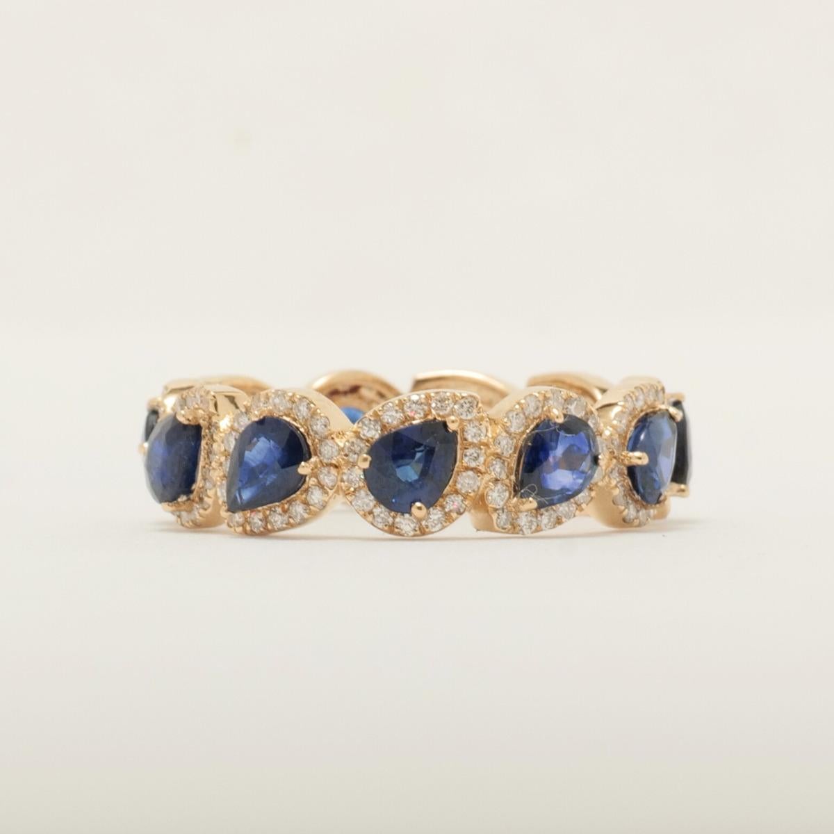 Pear Blue Sapphire Halo Diamond Eternity Band Ring in 14k Solid Gold (Certified) For Sale 2