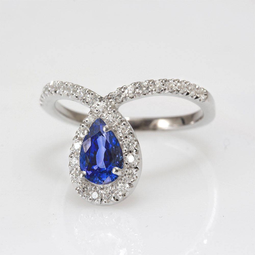 Pear Blue Sapphire & Loop Diamond Halo Unique Engagement Two Ring Set - Bliss In New Condition For Sale In Hertsliya, IL