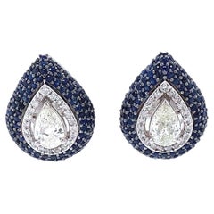 Pear Blue Sapphire Natural Diamond Stud Earrings in 14K Solid Gold (Certified)