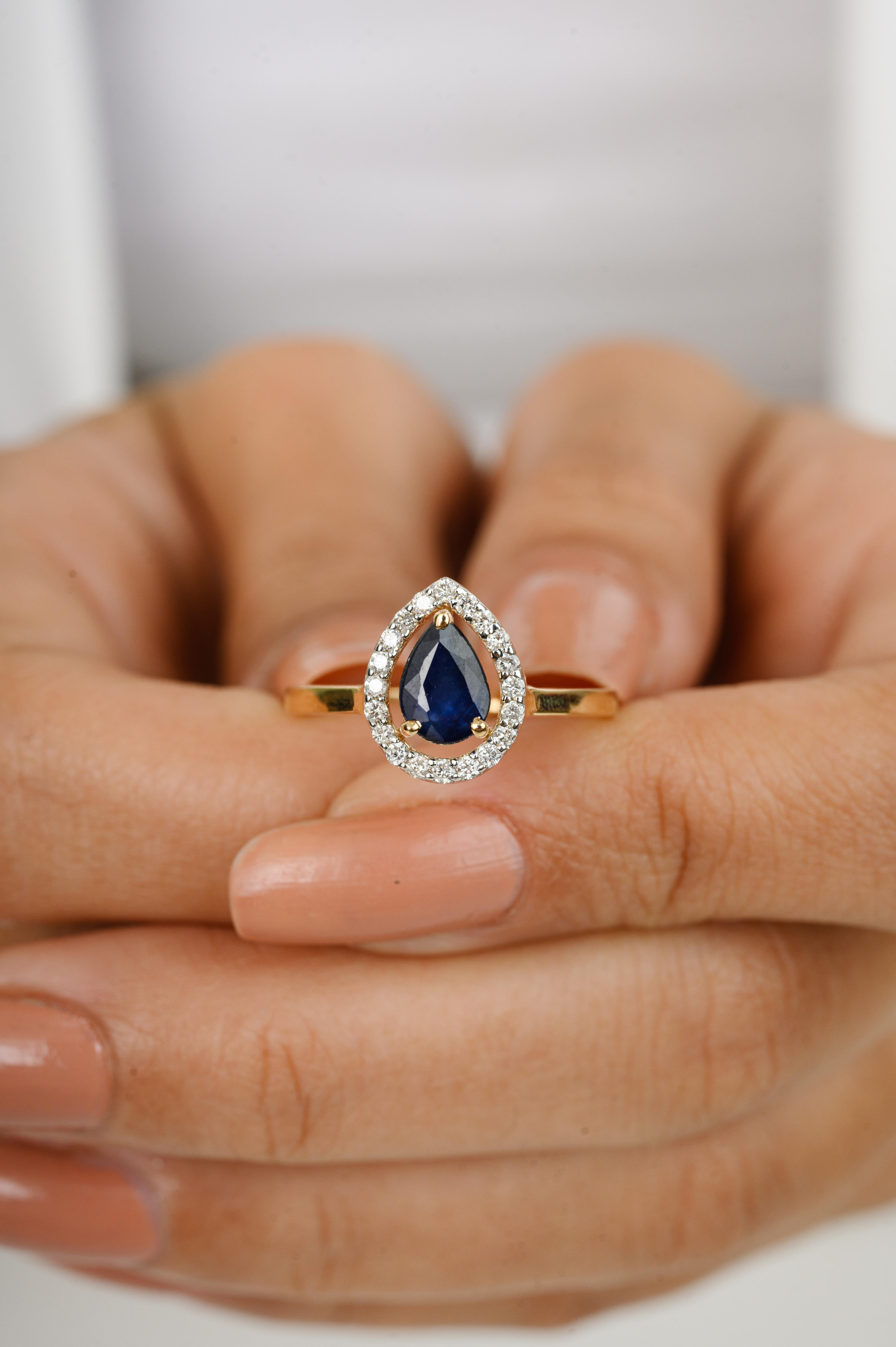For Sale:  Pear Blue Sapphire Round Diamond Halo Engagement Ring Gift in 18k Yellow Gold 5
