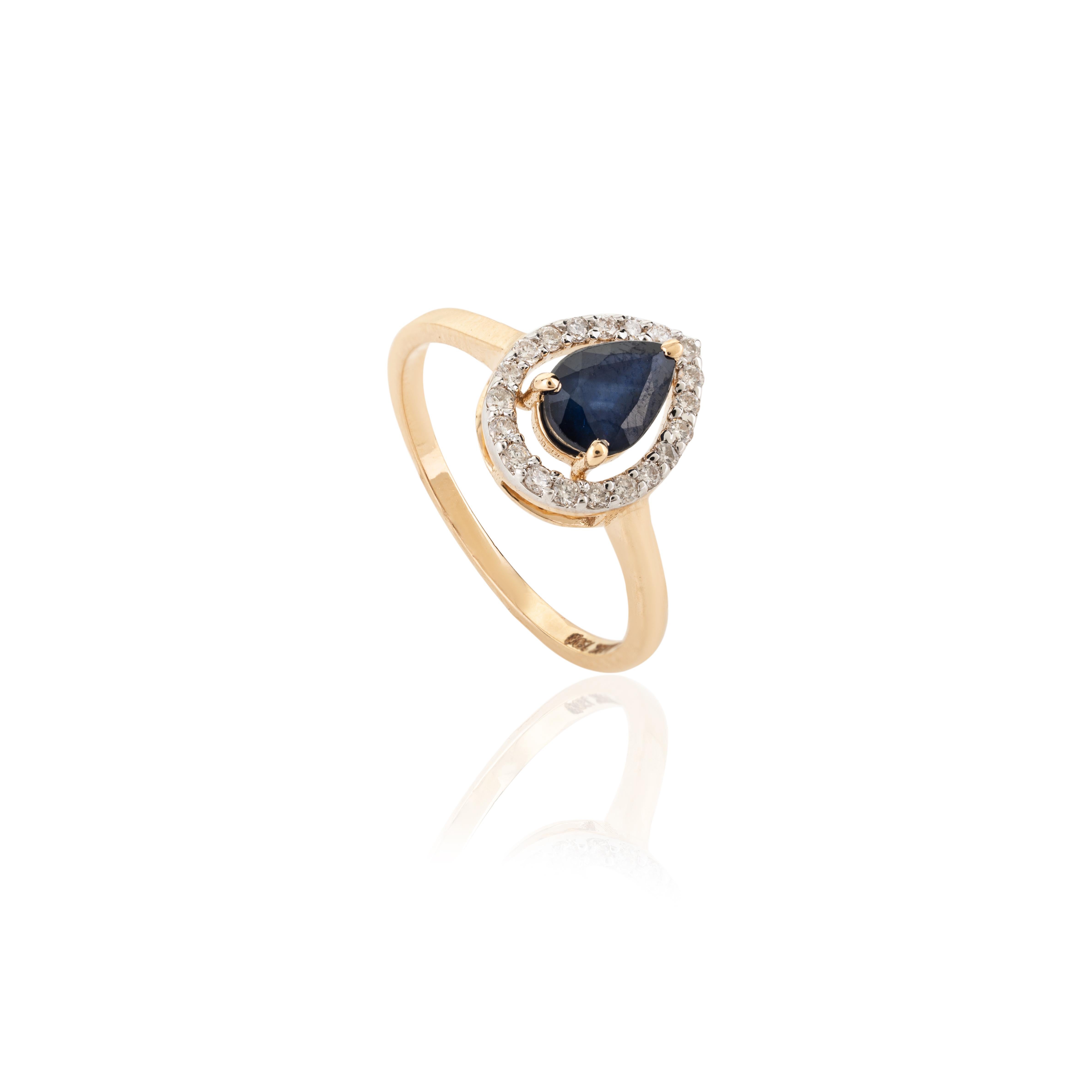 For Sale:  Pear Blue Sapphire Round Diamond Halo Engagement Ring Gift in 18k Yellow Gold 7