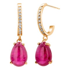 Pear Burma Cabochon Ruby Diamond 5.65 Carat Yellow Gold Hoop 1.5 Inch Earrings
