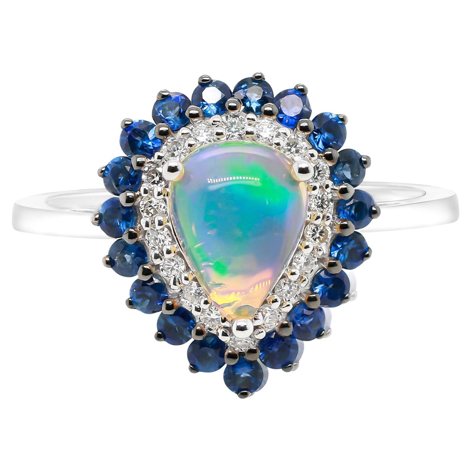 Pear Cab Opal and Round-Cut Blue Sapphire Diamond Accents 10K White Gold Ring For Sale