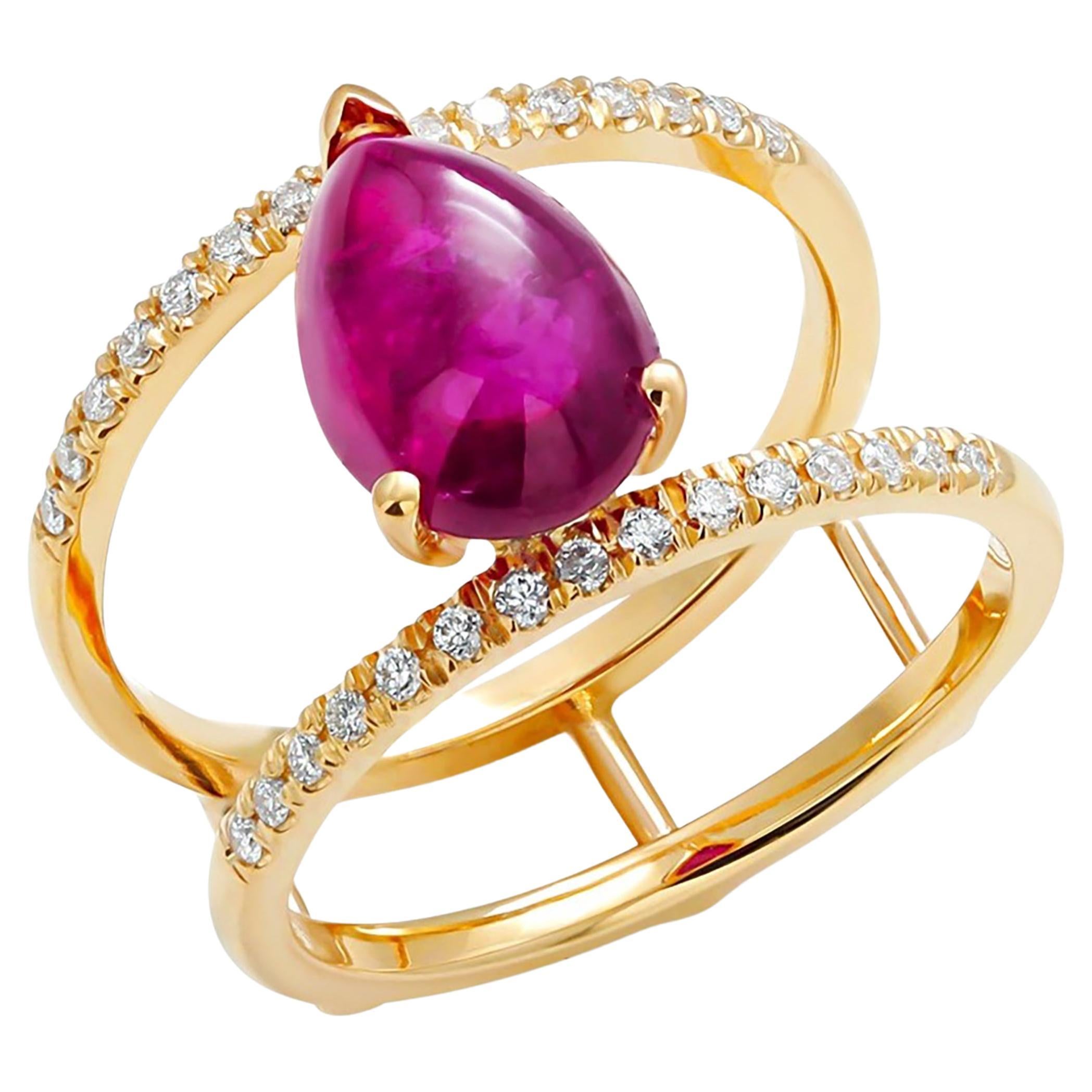 Pear Cabochon Burma Ruby Diamond 3.20 Carat Split Double Shank Gold Ring Size 6 For Sale