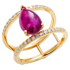 Pear Cabochon Burma Ruby Split Double Shank Diamond Yellow Gold Cocktail Ring