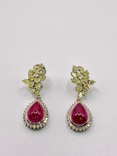 Pear Cabochon Cut Ruby and Light Yellow Diamond Earrings