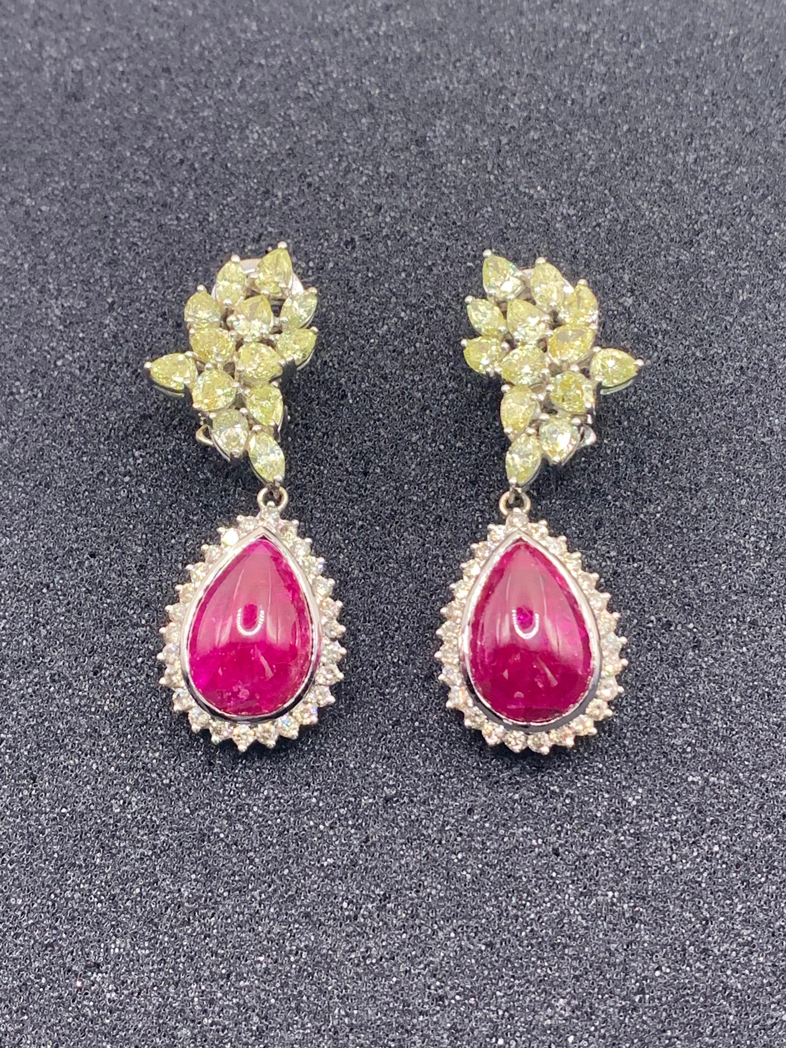 Modern Pear Cabochon Cut Ruby and Light Yellow Diamond Earrings For Sale