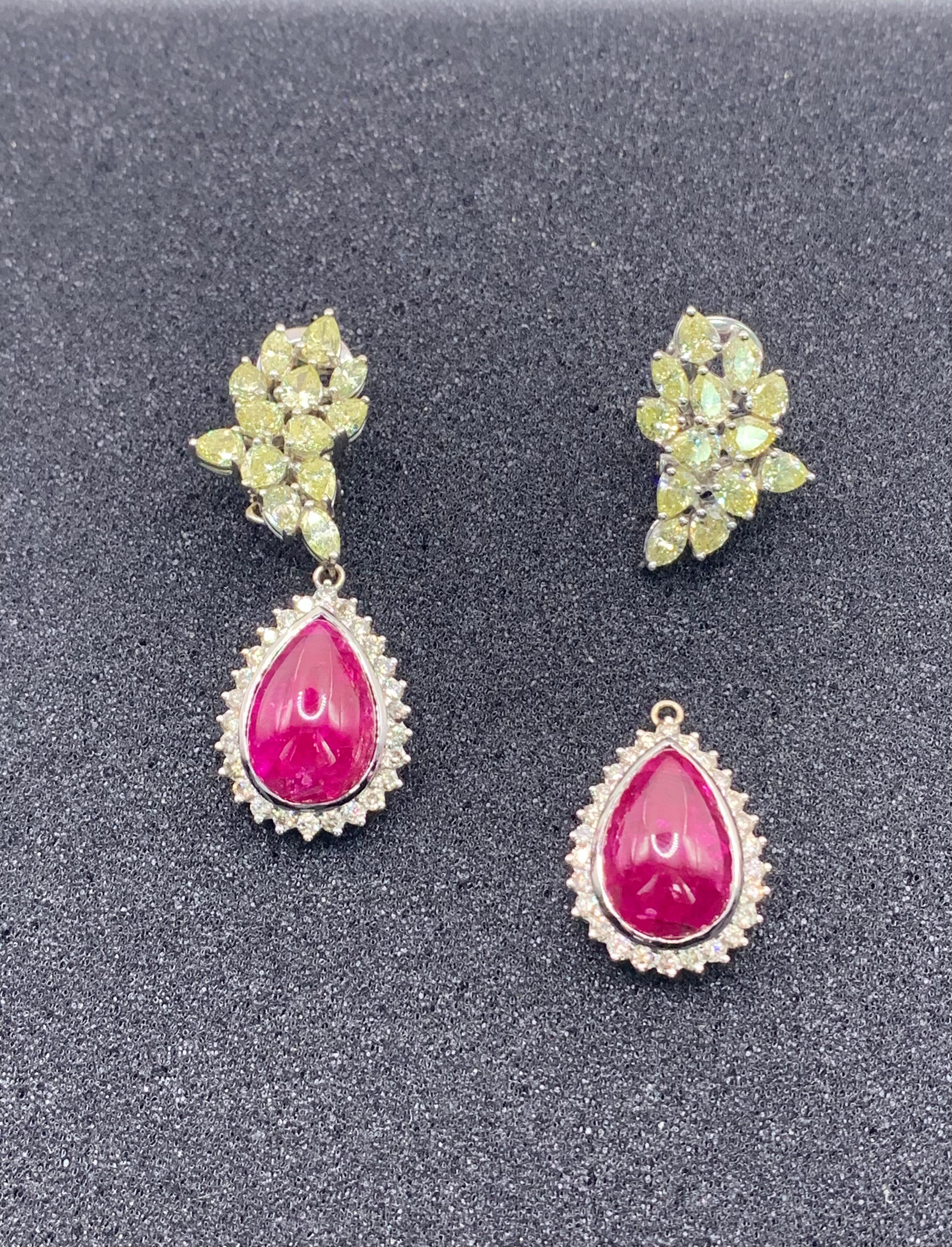 Pear Cut Pear Cabochon Cut Ruby and Light Yellow Diamond Earrings For Sale