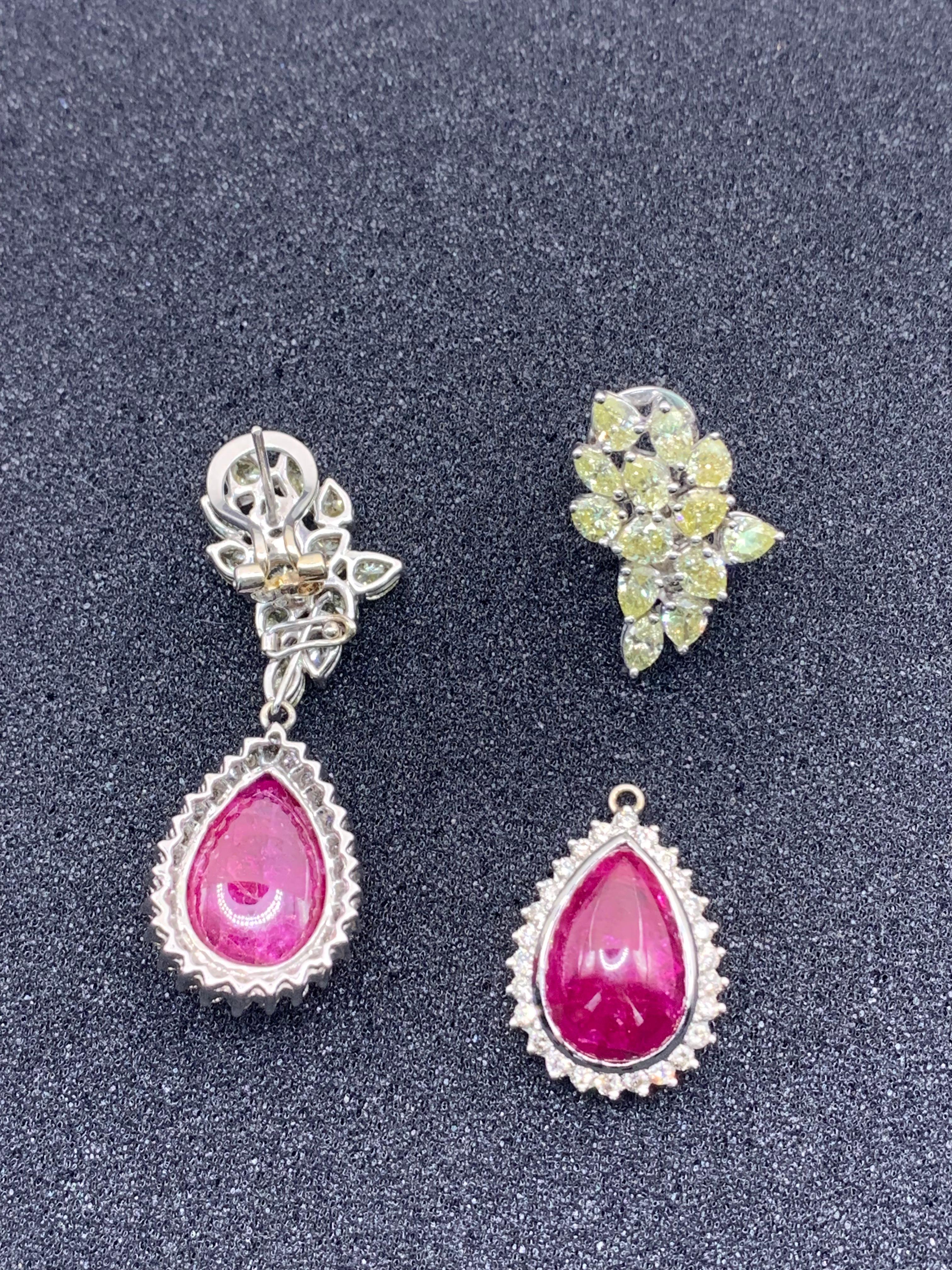 Pear Cabochon Cut Ruby and Light Yellow Diamond Earrings In New Condition For Sale In MADRID, MD