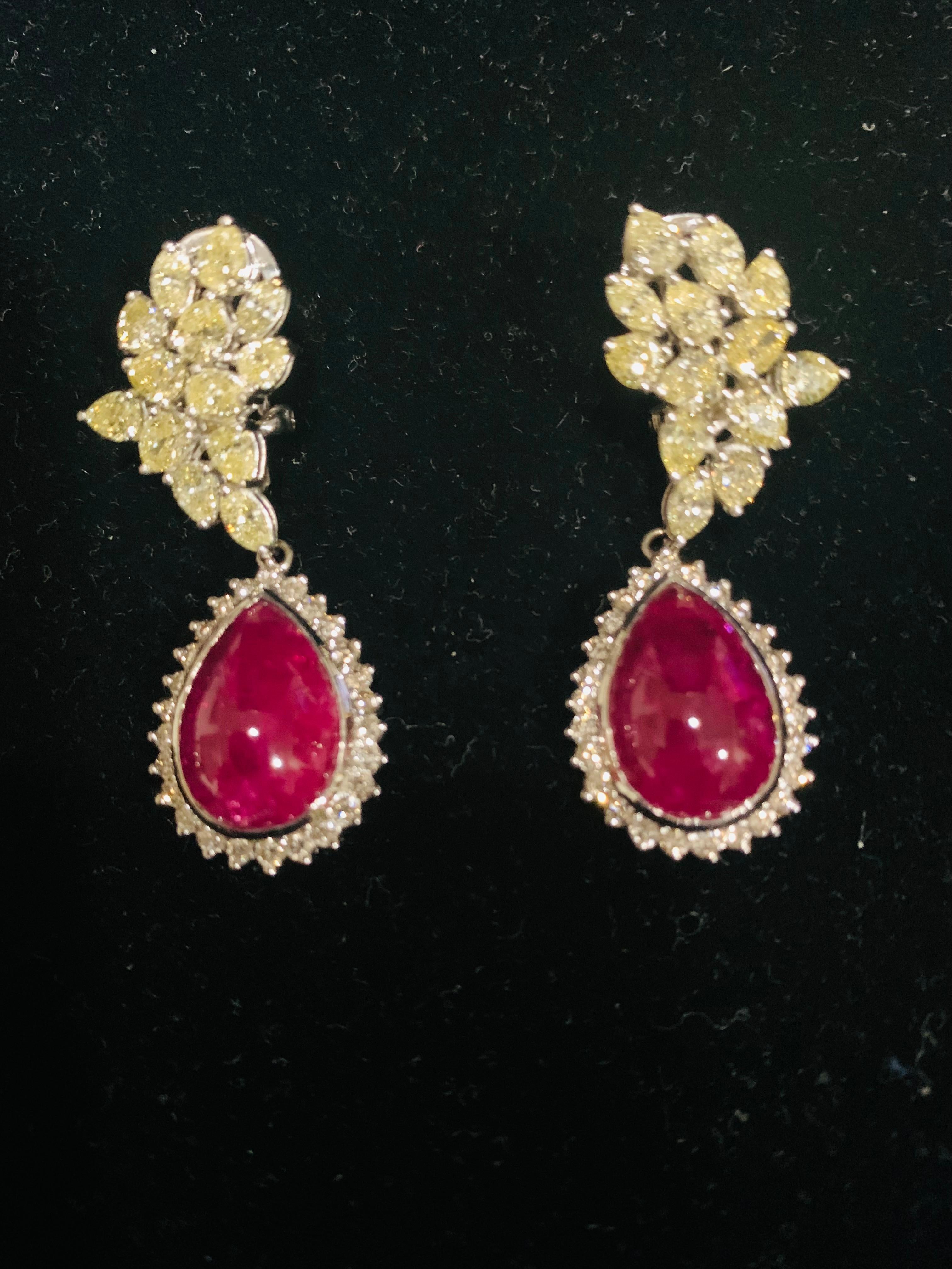 Pear Cabochon Cut Ruby and Light Yellow Diamond Earrings For Sale 1