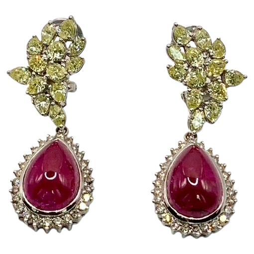 Pear Cabochon Cut Ruby and Light Yellow Diamond Earrings For Sale
