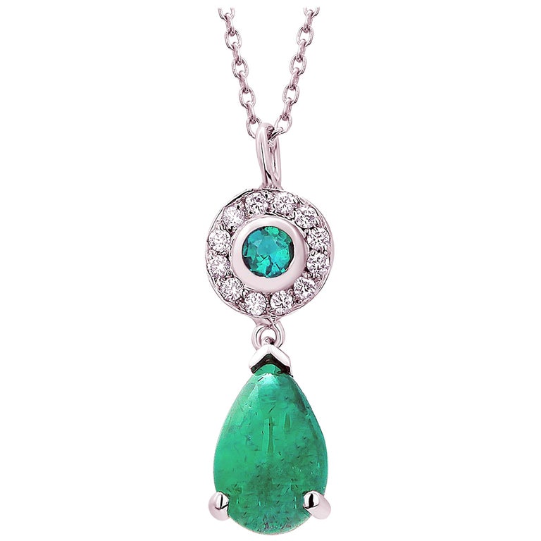 Pear Cabochon Emerald and Diamond Gold Drop Layered Necklace Pendant For Sale