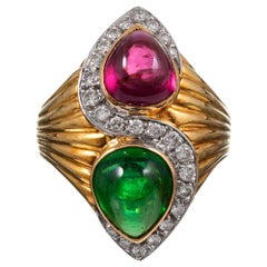 Vintage Pear Cabochon Green and Pink Tourmaline Ring with Diamonds