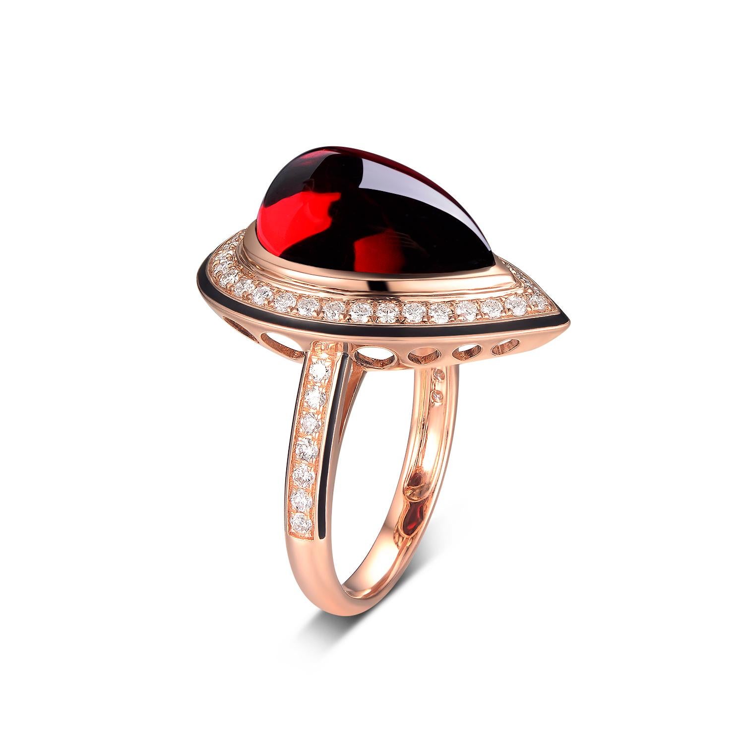 This ring features a 9.45 carats pear shape cabochon red garnet set in bezel setting, assent with 0.48 carat of round diamond. The diamond halo is then outlined by black enamel. This piece is crafted in 18 karat rose gold.

US 6.5
Red Garnet 9.45