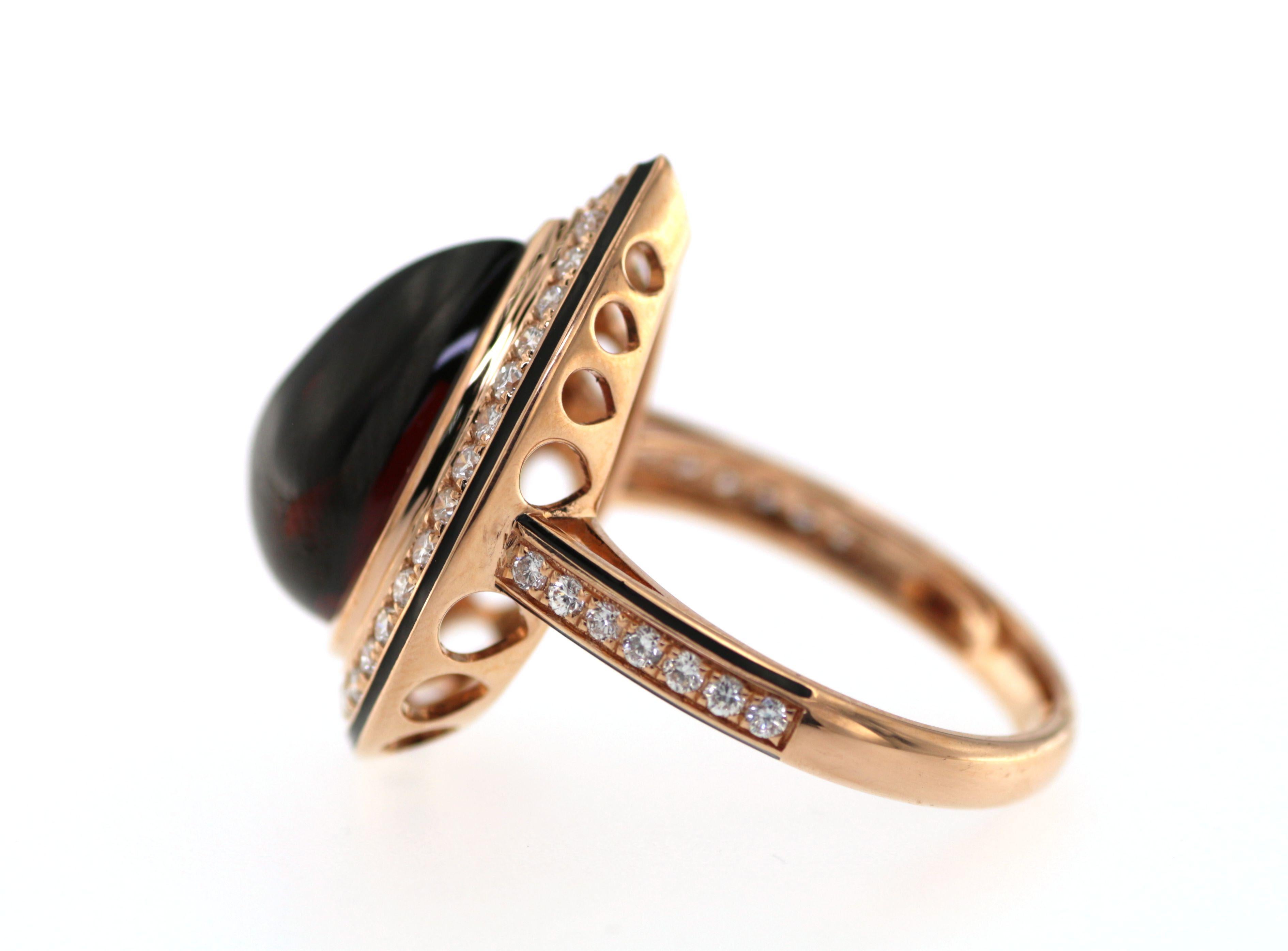 Contemporary Pear Cabochon Red Garnet Diamond Enamel Ring