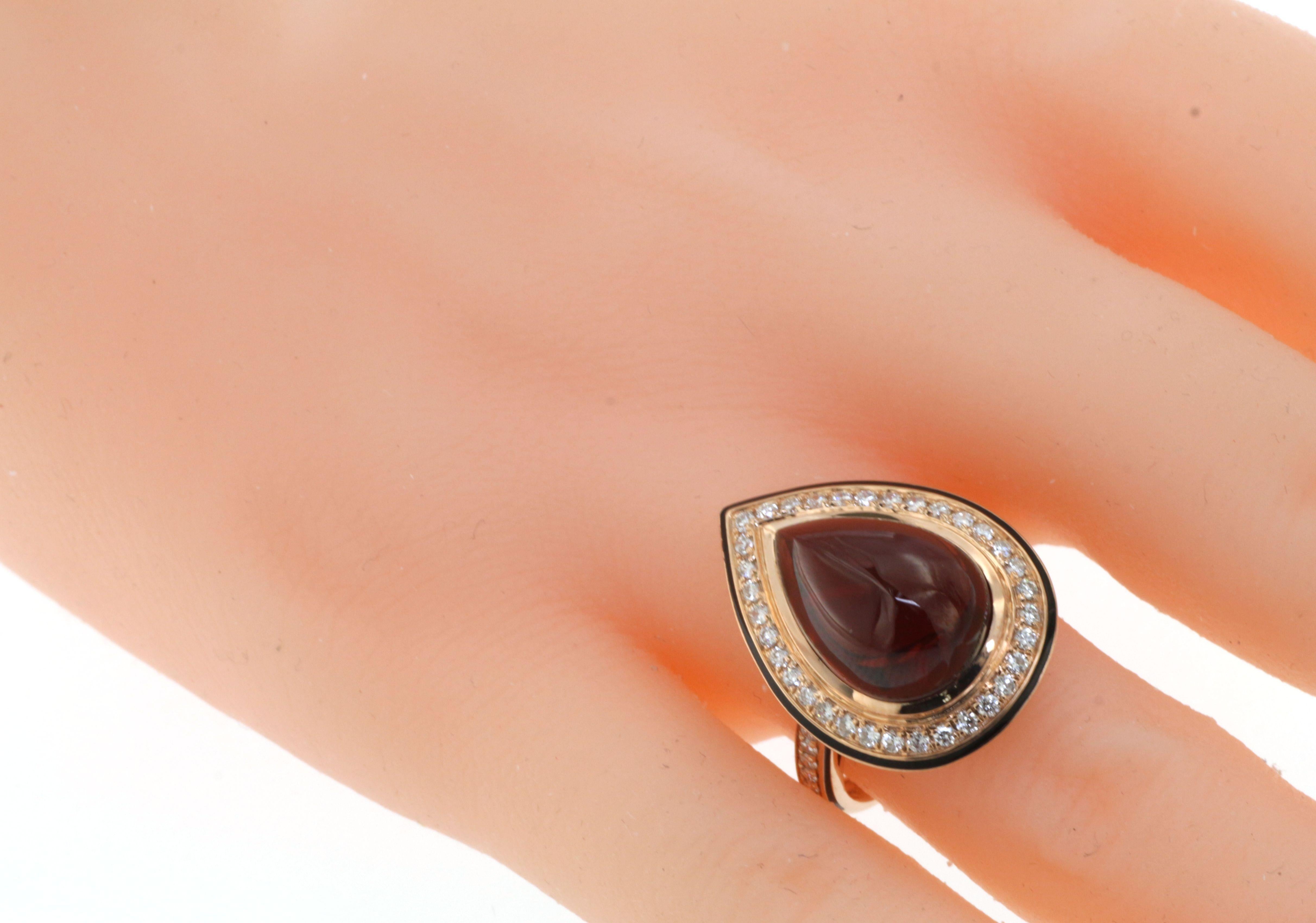 Pear Cabochon Red Garnet Diamond Enamel Ring In New Condition In Hong Kong, HK