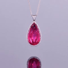 Pear Cabochon Rubellite and Diamond Halo Pendant Necklace