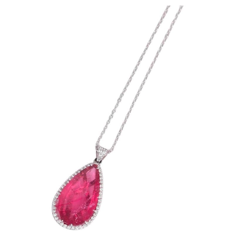 Pear Cabochon Rubellite and Diamond Halo Pendant Necklace For Sale
