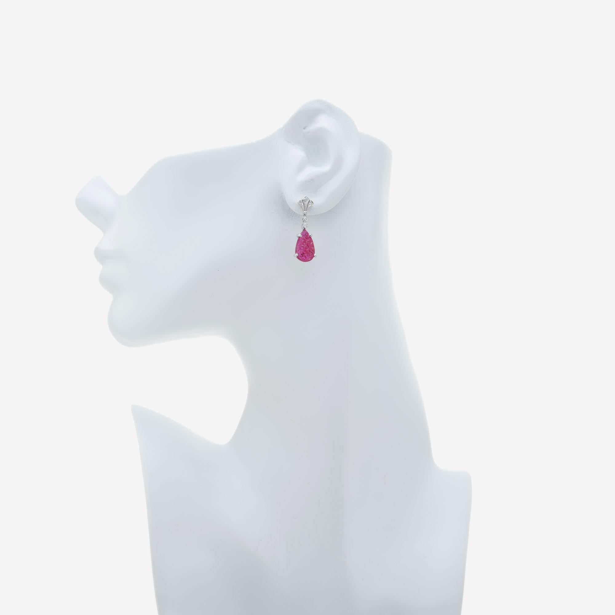 Women's Pear Carved Ruby Diamond Gold Art Deco Dangle Earrings For Sale
