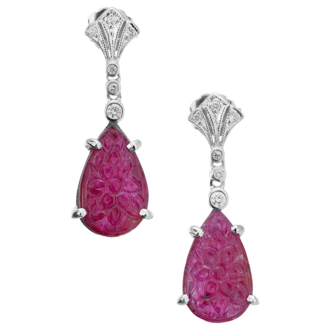 Pear Carved Ruby Diamond Gold Art Deco Dangle Earrings For Sale