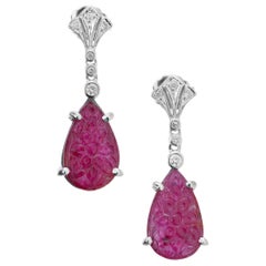 Antique Pear Carved Ruby Diamond Gold Art Deco Dangle Earrings