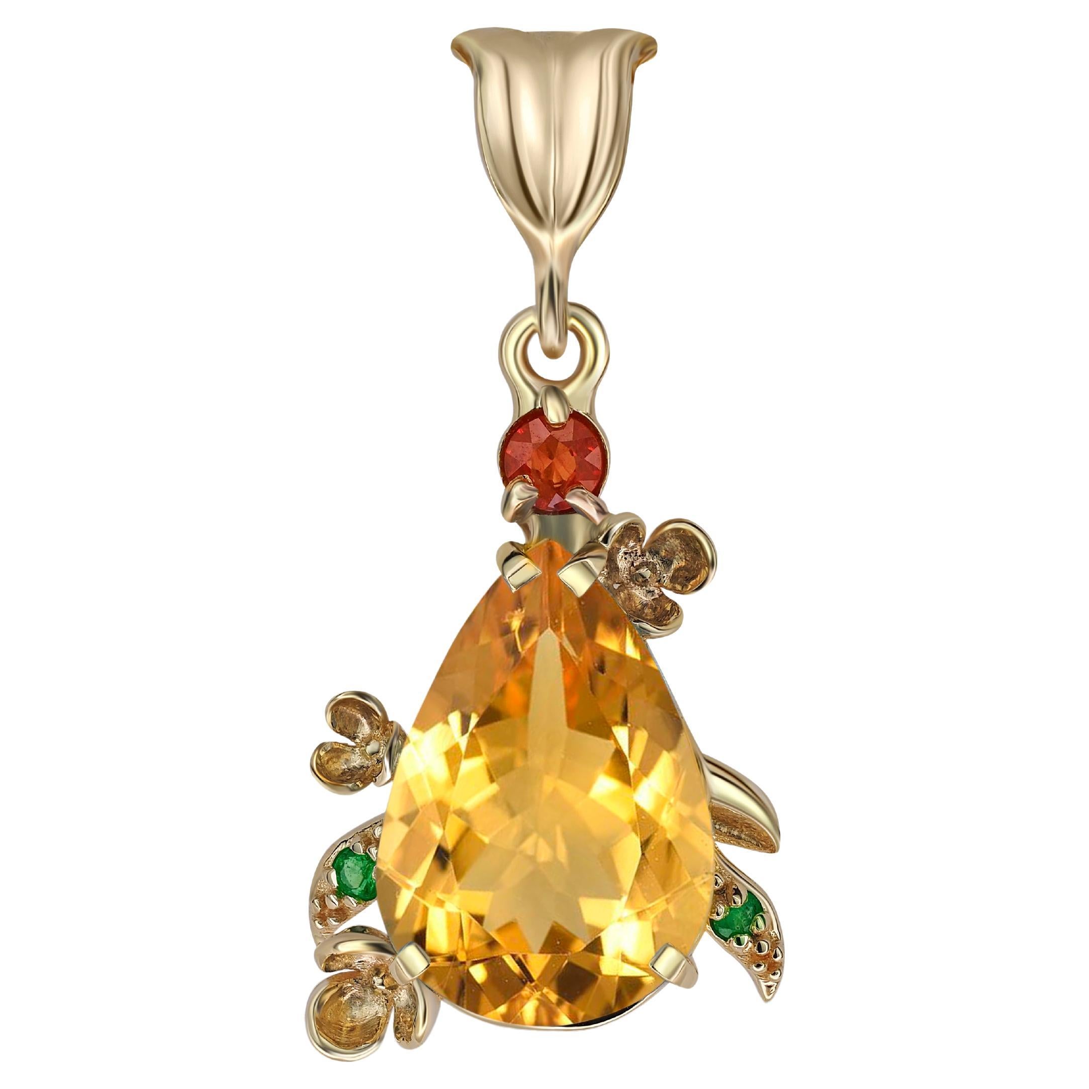 Pear Citrine Pendant in 14 Karat Gold, Flower Design Pendant