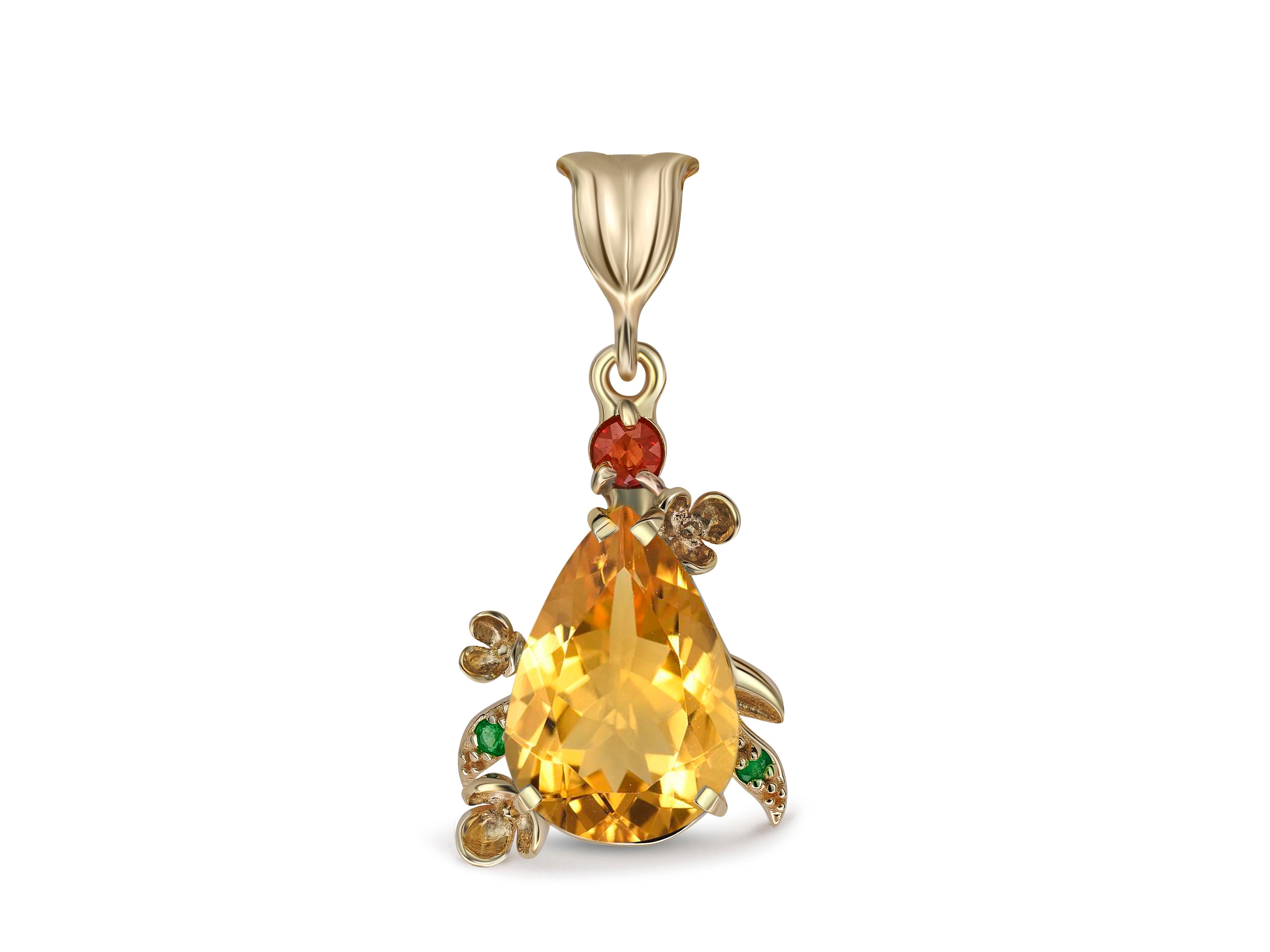 Pear citrine Pendant in 14 Karat Gold. 
Flower design pendant with natural citrine. Citrine gold pendant. November birthstone pendant.

Metal: 14k gold
Weight: 2.85 g.
Pendant size: 30x14.5 mm 

Set with citrine
Color - yellow
Pear cut, aprox 2.5