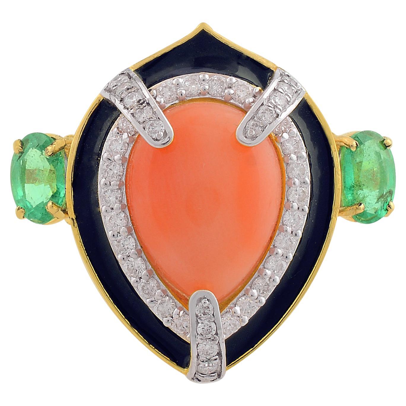Pear Coral Enamel Ring Emerald Diamond 14k Yellow Gold Anniversary Fine Jewelry