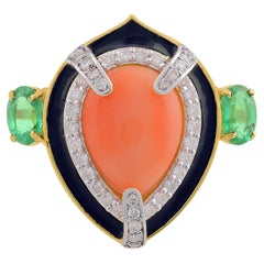 Pear Coral Enamel Ring Emerald Diamond 14k Yellow Gold Anniversary Fine Jewelry