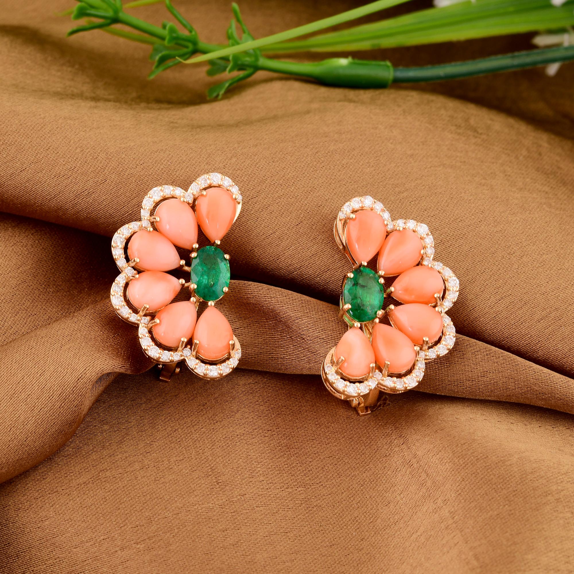 Boucles d'oreilles poire corail pierres précieuses 0.56 carat Diamant 14 Kt or jaune Bijoux Pour femmes en vente